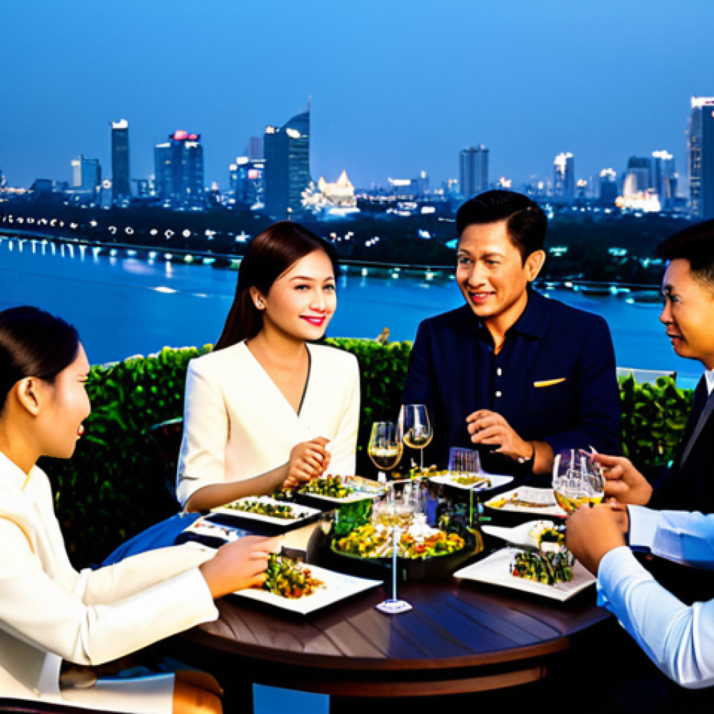 Professional Wine Tasting**

"A group of elegantly dressed Thais, fully clothed in smart casual attire, participating in a wine tasting event at a high-end rooftop bar in Bangkok. The scene includes wine glasses, bottles, and delicious Thai appetizers like Miang Kham arranged on the table. In the background, the Chao Phraya River and city lights create a sophisticated atmosphere. Safe for work, appropriate content, professional setting, perfect anatomy, natural proportions, high quality, family-friendly."

**