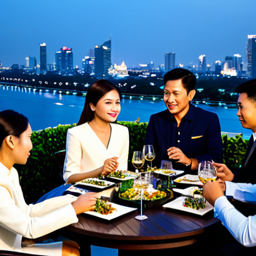 Home 16 Professional Wine Tasting**
"A group of elegantly dressed Thais, fully clothed in smart casual attire, participating in a wine tasting event at a high-end rooftop bar in Bangkok. The scene includes wine glasses, bottles, and delicious Thai appetizers like Miang Kham arranged on the table. In the background, the Chao Phraya River and city lights create a sophisticated atmosphere. Safe for work, appropriate content, professional setting, perfect anatomy, natural proportions, high quality, family-friendly."
**