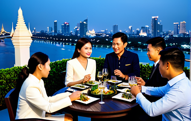 Professional Wine Tasting**
"A group of elegantly dressed Thais, fully clothed in smart casual attire, participating in a wine tasting event at a high-end rooftop bar in Bangkok. The scene includes wine glasses, bottles, and delicious Thai appetizers like Miang Kham arranged on the table. In the background, the Chao Phraya River and city lights create a sophisticated atmosphere. Safe for work, appropriate content, professional setting, perfect anatomy, natural proportions, high quality, family-friendly."
**